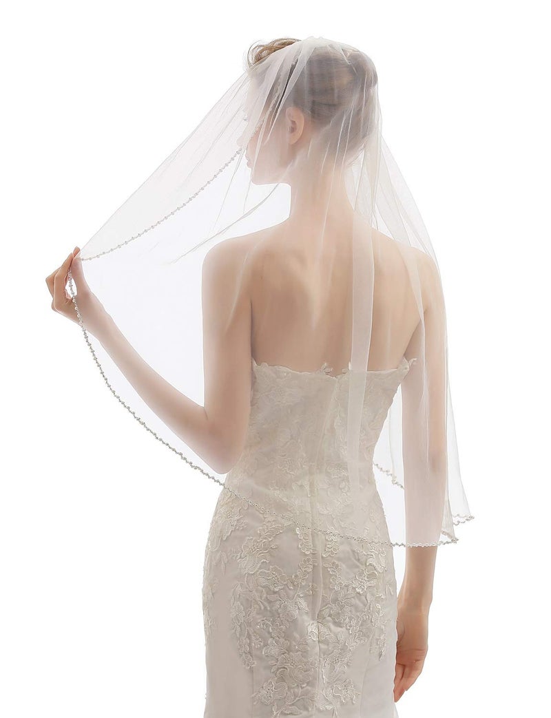 ELAWBTY Womens 1 Tier Fingertip Length Short Crystal Beaded Wedding Bridal Veil With Comb X09 Ivory - Image 5