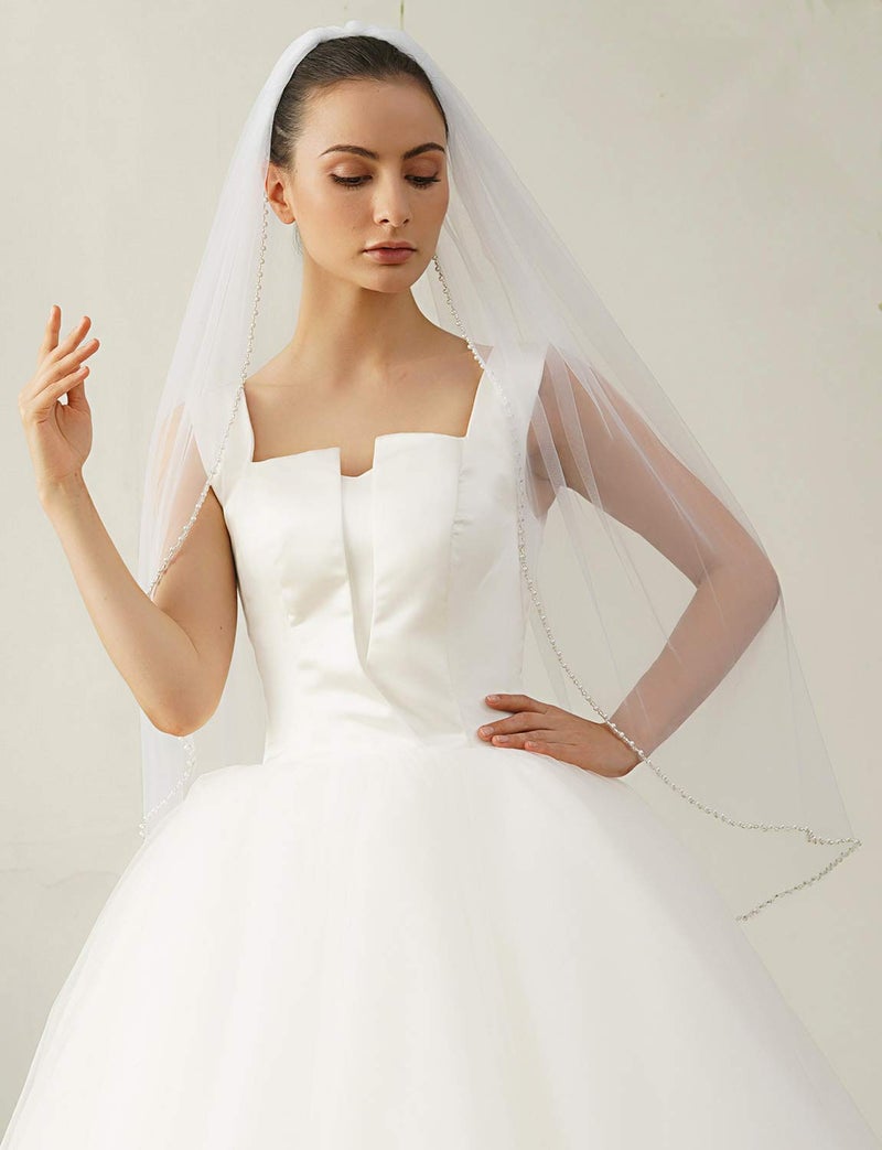 ELAWBTY Womens 1 Tier Fingertip Length Short Crystal Beaded Wedding Bridal Veil With Comb X09 Ivory - Image 4