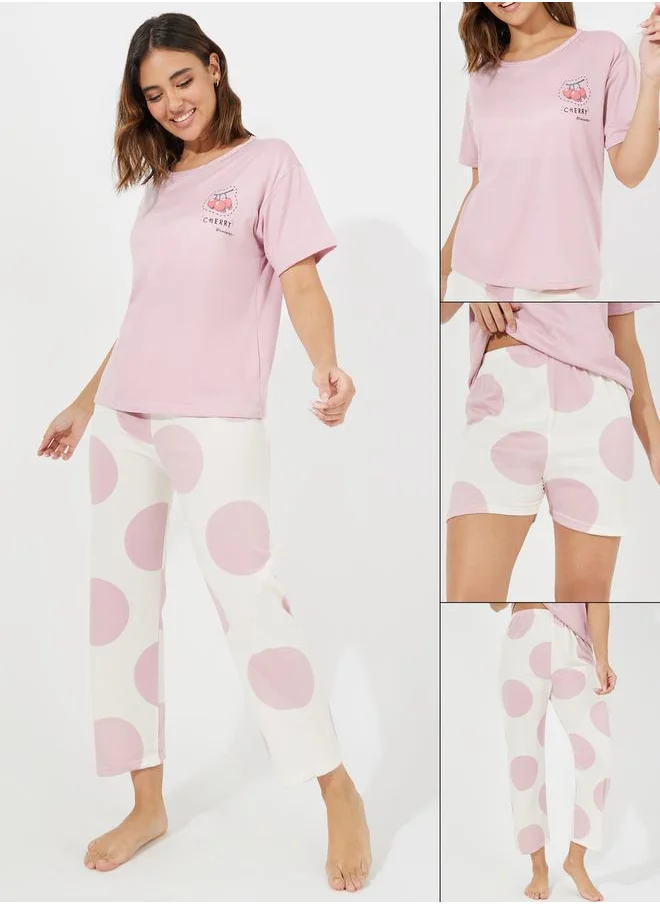 Styli Pack of 3 - Cherry Print T-Shirt, Polka Shorts & Pyjama