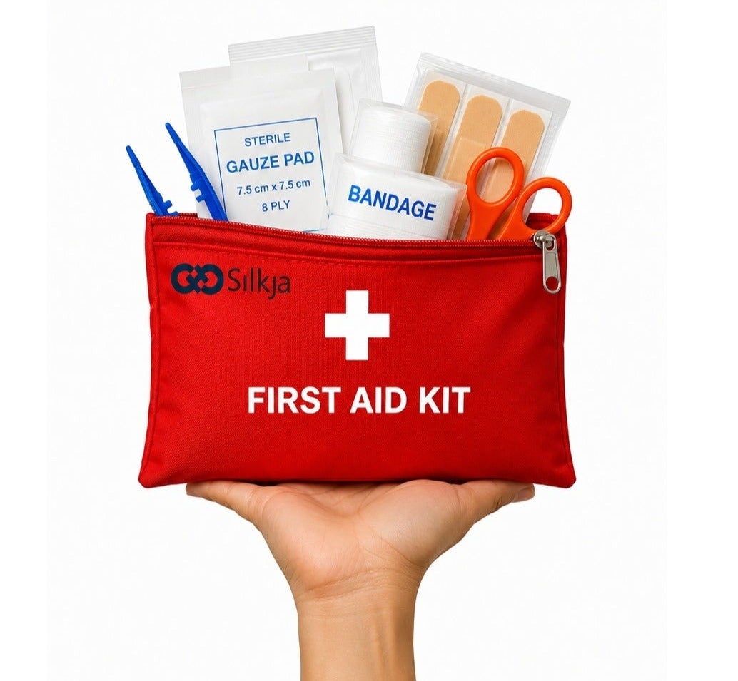 Silkja 110 Piece First Aid Kit | Compact Portable Emergency Medical Kit | Travel, Home, Office, Car, Camping & Outdoor Safety Kit with Red Storage Bag | First Aid Box
