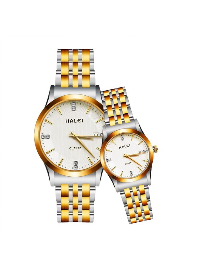 هالي ديلوكس زوجين ووتش الذهب والفضة الفولاذ المقاوم للصدأ كوارتز التقويم ووتش حجر الراين له ولها مجموعة ووتش - Image 1