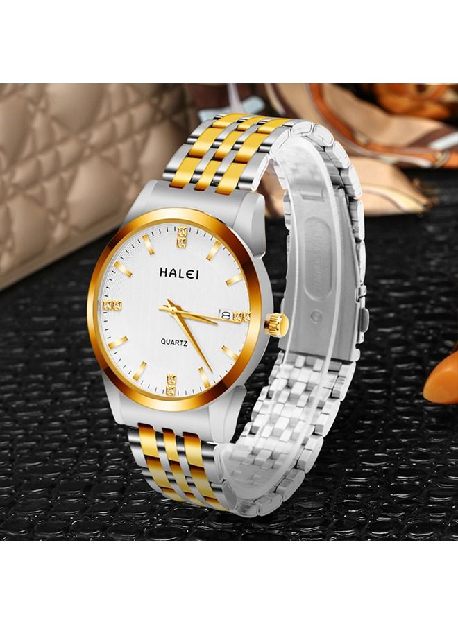 هالي ديلوكس زوجين ووتش الذهب والفضة الفولاذ المقاوم للصدأ كوارتز التقويم ووتش حجر الراين له ولها مجموعة ووتش - Image 4
