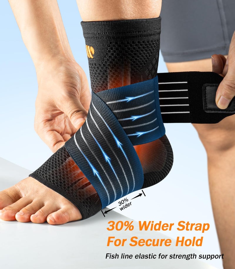 WHCOOL Low-Profile Ankle Braces for Women & Men, Customizable Ankle Compression Sleeve w/Wide Strap, Foot Support Wrap for Plantar Fasciitis Pain Relief, Achilles Tendonitis, Sprain, Black, 1 Pair, L - Image 3