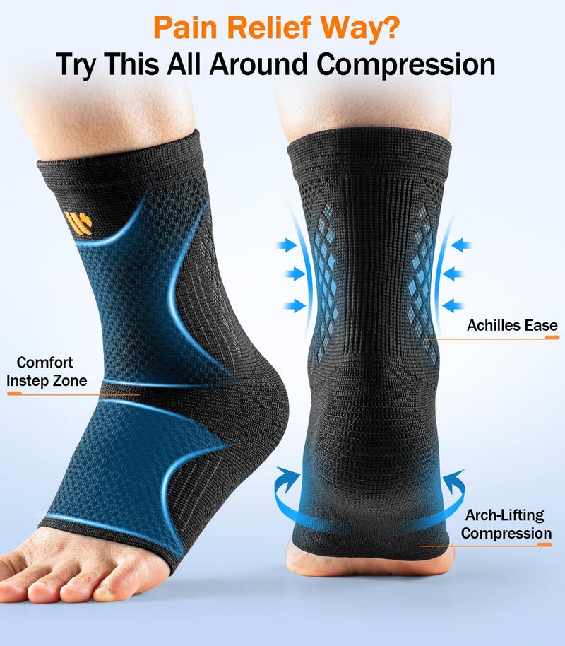 WHCOOL Low-Profile Ankle Braces for Women & Men, Customizable Ankle Compression Sleeve w/Wide Strap, Foot Support Wrap for Plantar Fasciitis Pain Relief, Achilles Tendonitis, Sprain, Black, 1 Pair, L - Image 2