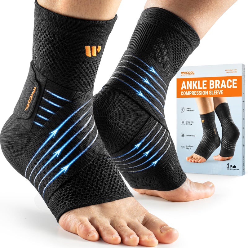 WHCOOL Low-Profile Ankle Braces for Women & Men, Customizable Ankle Compression Sleeve w/Wide Strap, Foot Support Wrap for Plantar Fasciitis Pain Relief, Achilles Tendonitis, Sprain, Black, 1 Pair, L - Image 1