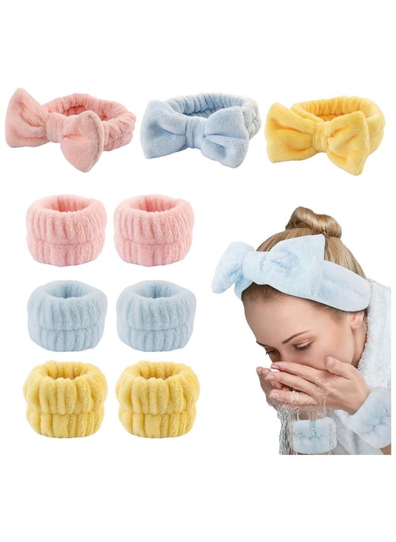 ماركة غير محددة Spa Bow Headband, Spa Headband Wrist Washband Scrunchies Cuffs Set for Washing Face, Towel Wristbands Hair Headband Face Wash Wristband for Women Girls Makeup  - Image 1