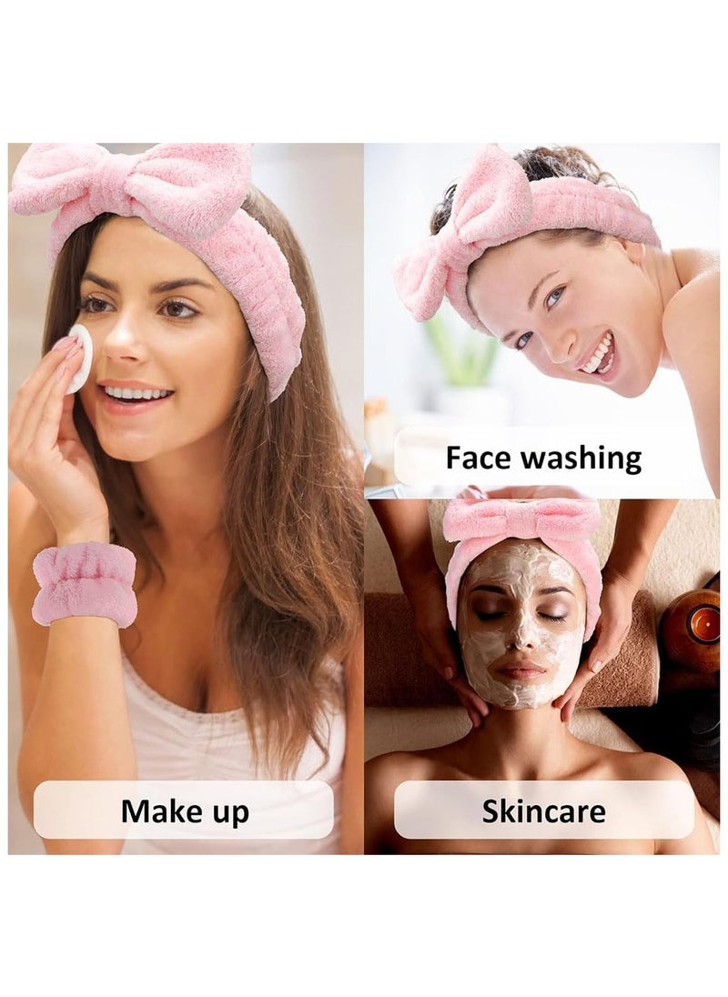 ماركة غير محددة Spa Bow Headband, Spa Headband Wrist Washband Scrunchies Cuffs Set for Washing Face, Towel Wristbands Hair Headband Face Wash Wristband for Women Girls Makeup  - Image 4