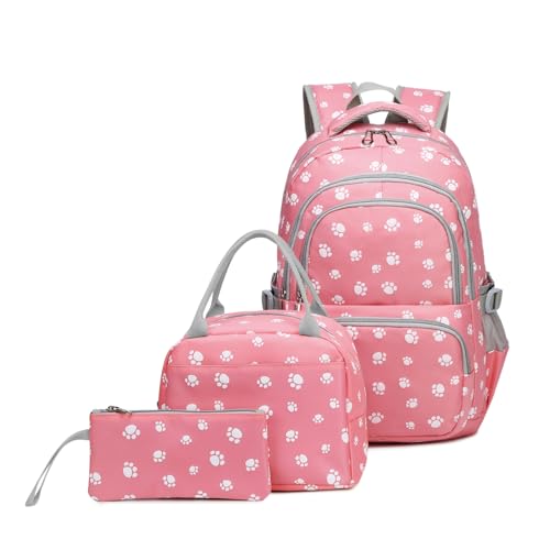 goldwheat 3Pcs Dog Paw Printed Backpack Set With LunchBag For Girls Elementary Students Bookbag Schoolbag - Image 1