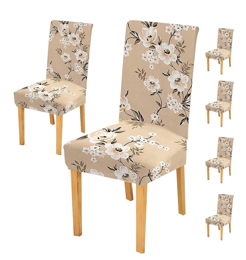 Styleys Elastic Chair Cover Stretch Removable Washable Short Dining Chair Cover Protector Seat Slipcover (Set of 6 Cream Flower, SD125) - Image 1
