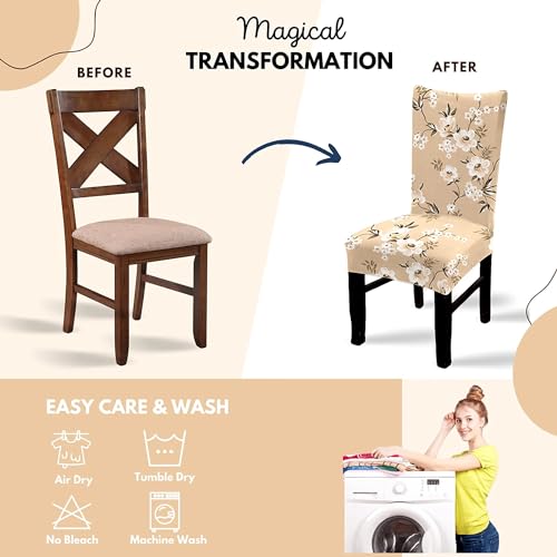 Styleys Elastic Chair Cover Stretch Removable Washable Short Dining Chair Cover Protector Seat Slipcover (Set of 6 Cream Flower, SD125) - Image 4