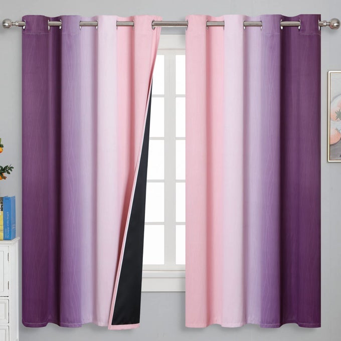 PINK AND PURPLE CURTAINS 63 INCH LENGTH 2 PANELS FULL LIGHT BLOCKING OMBRE BLACKOUT CURTAINS FOR KIDS ROOM THERMAL INSULATED NOISE REDUCING GRADIENT BLACKOUT CURTAINS FOR GIRLS BEDROOM 52X63 INCH