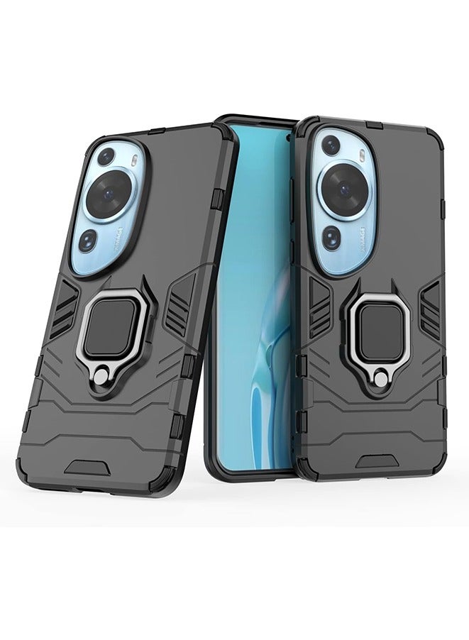 حافظة هاتف لهواوي P60 آرت، غلاف مزدوج الطبقات مقاوم للصدمات من TPU+PC مع حامل مغناطيسي (أسود) - Image 2