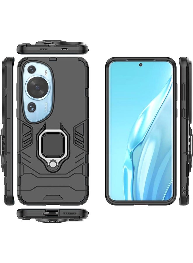 حافظة هاتف لهواوي P60 آرت، غلاف مزدوج الطبقات مقاوم للصدمات من TPU+PC مع حامل مغناطيسي (أسود) - Image 3