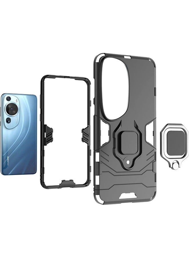 حافظة هاتف لهواوي P60 آرت، غلاف مزدوج الطبقات مقاوم للصدمات من TPU+PC مع حامل مغناطيسي (أسود) - Image 4