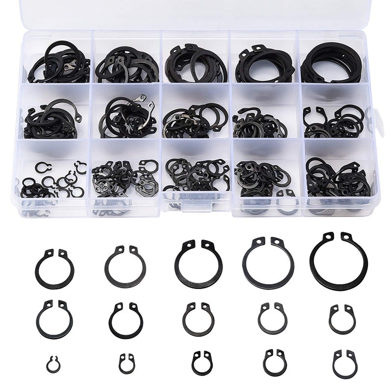 jalan Jalan 175 Pcs E-Clips Retaining Ring Circlips with Storage Box, Assortment of 15 Sizes from 2.5 to 23 mm, Black Oxidised Coating Steel, Black  - Image 1