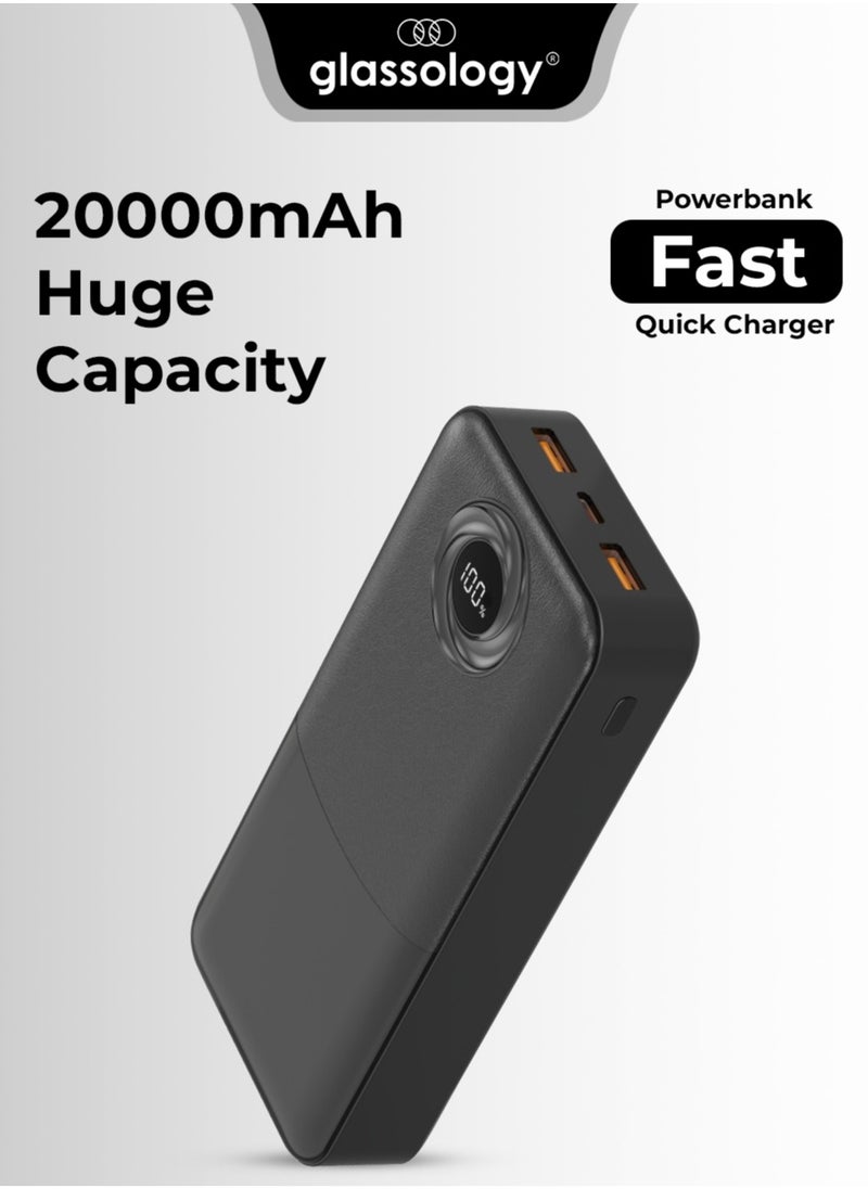 glassology 20000mAh Power Bank, PD20W + QC 22.5W Fast Charging, Polymer Battery, 2 USB Output Ports, Digital Display Power, Strong LCD Light, Compatible with iPhone, Samsung Galaxy, Apple Watch, AirPods, iPad (Black)  - Image 1
