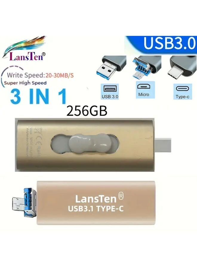 256GB 3 In 1 Flash Drive Type C Micro USB A High Speed Data Transfer For Phone Laptop - Image 1