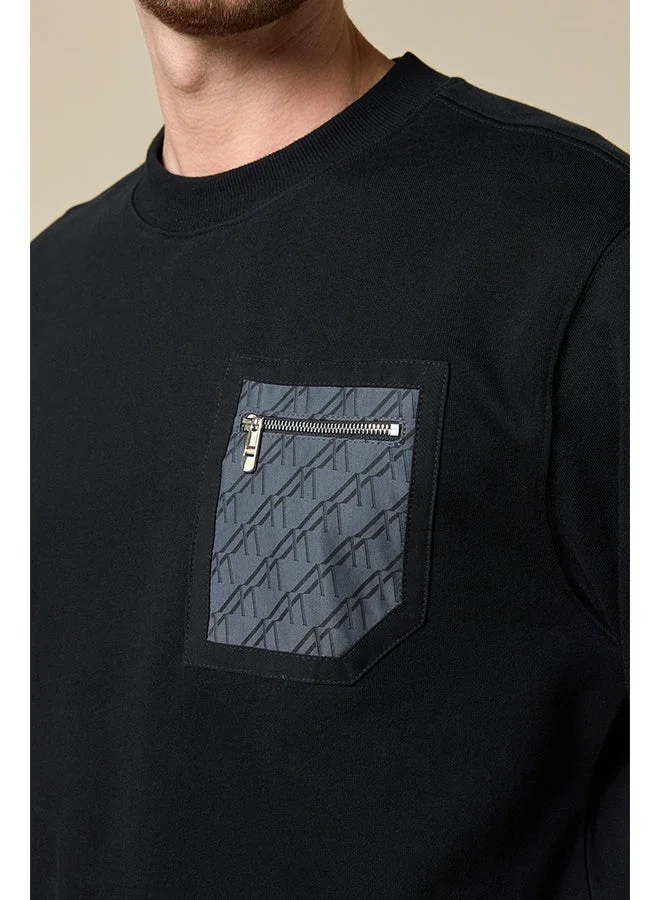Mannerism The Nightfall Black Cotton Sweatshirt with Zip Pocket Relaxed Fit