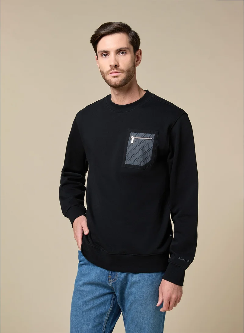 MANNERISM  The Nightfall Black Cotton Sweatshirt with Zip Pocket Relaxed Fit for Men | Best Price UAE