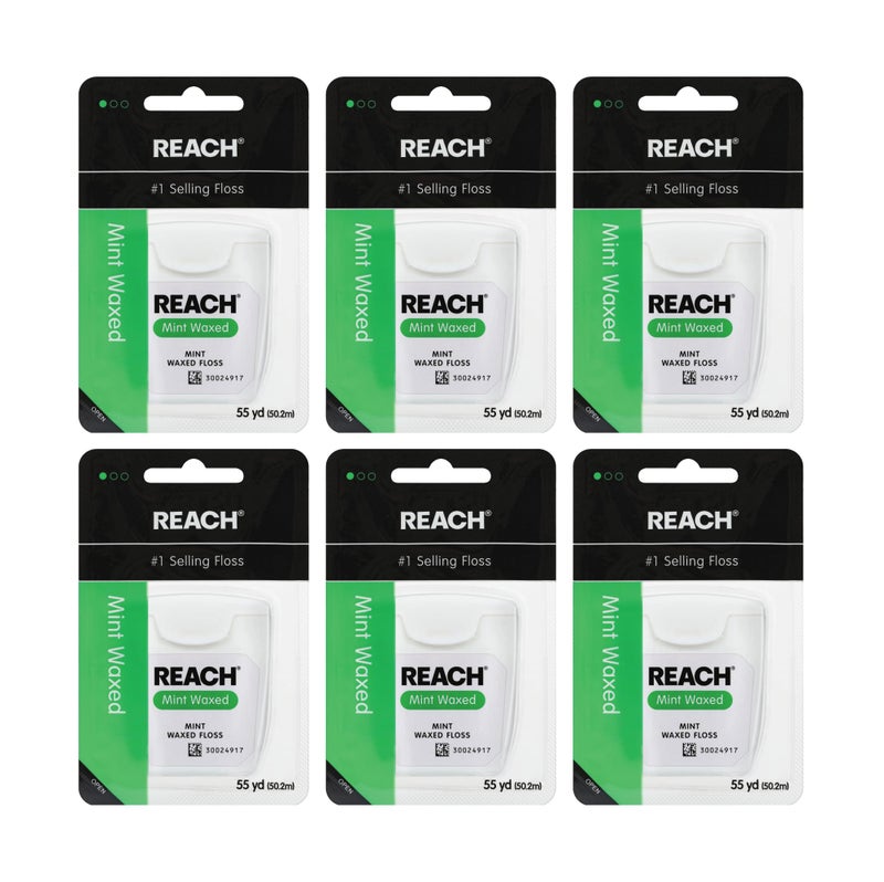 REACH Waxed Dental Floss, Mint, Plaque Remover for Teeth, Shred Resistant, Floss Slides Smoothly, Easy to Use, Waxed, Deep Cleaning Teeth, Oral Care, PFAS Free, for Adults & Kids, 6 Pack, 55 yd - Image 1