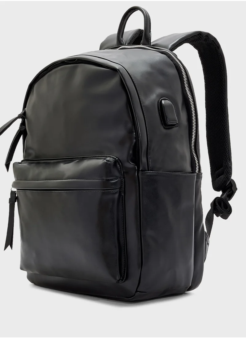 Robert Wood Faux Leather Casual Backpack With Usb Port