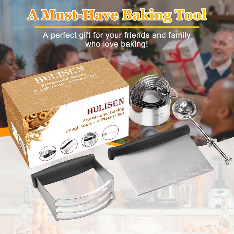 HULISEN Stainless Steel Biscuit Cutter Set, Flour Duster, Pastry Scraper and Dough Blender, Sturdy & Long-Lasting with Ergonomic Rubber Grip, Professional Baking Dough Tools, Gift Package (4 Pcs/Set) - Image 2