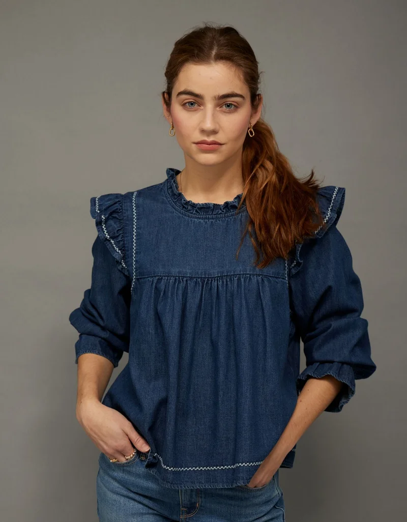 American Eagle  AE Long-Sleeve Denim Blouse for Women | Best Price UAE