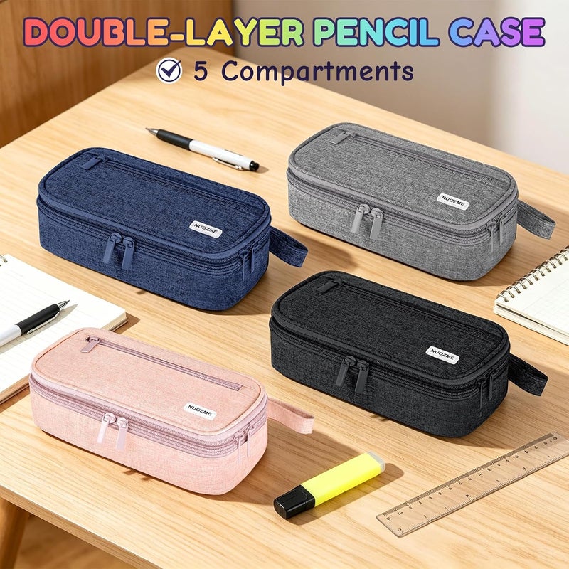 Double Layer Large Big Capacity Pencil Case Pouch Bag with Double Zipper | 5 Compartments Multiple Pockets, Aesthetic Canvas Stationery Pen Case Bag for Teens Girls,Boys,Students,College - Image 4