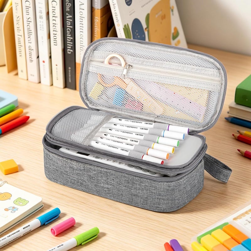 Double Layer Large Big Capacity Pencil Case Pouch Bag with Double Zipper | 5 Compartments Multiple Pockets, Aesthetic Canvas Stationery Pen Case Bag for Teens Girls,Boys,Students,College - Image 2