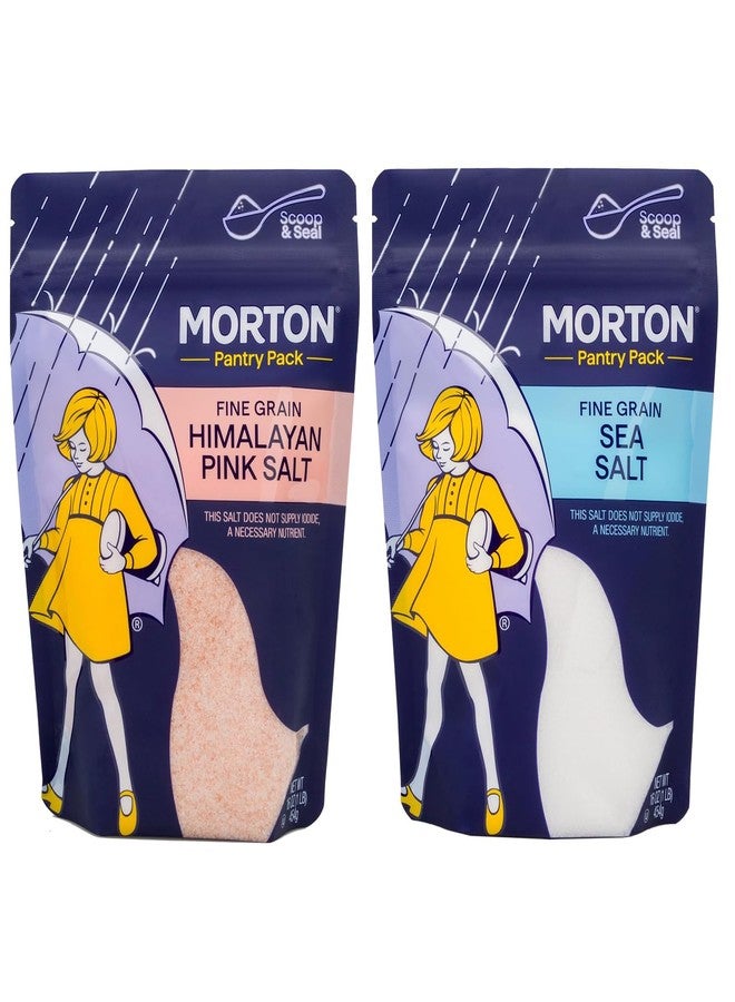 Morton Sea Salt Fine & Himalayan Pink Salt Fine, 1 lb Each, 2-Pack Bundle, All-Natural Salts, Resealable Pouches, For Cooking, Baking, Blending & Seasoning - Image 1