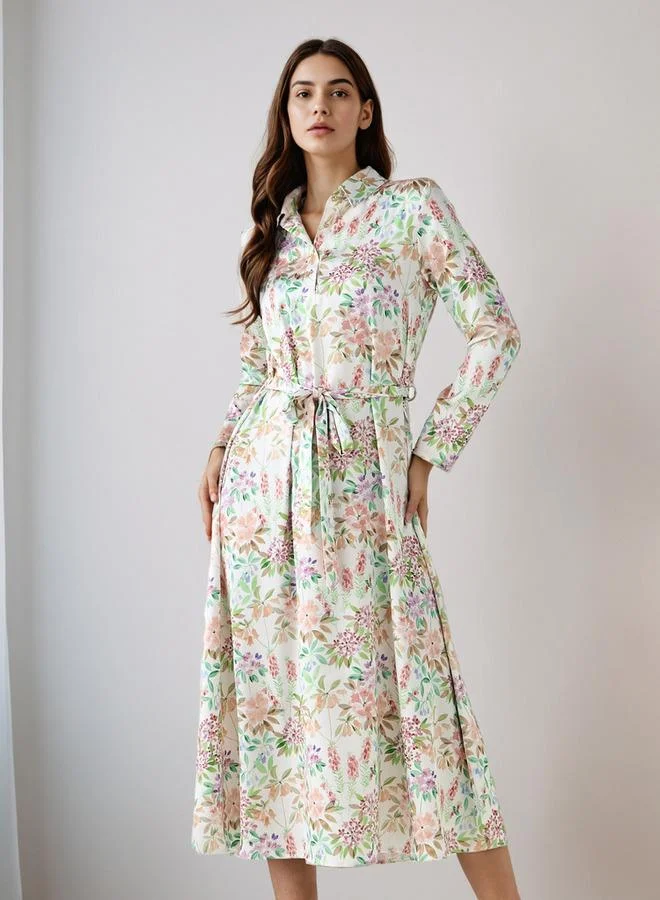 Splash FAV Floral Print Shirt Dress with Tie-Up Detail