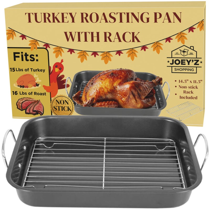 JOEY'Z Non Stick Turkey Roasting Pan with Rack and Handles 145x115 Fits 15lb Turkeys Turkey Roaster Pan 