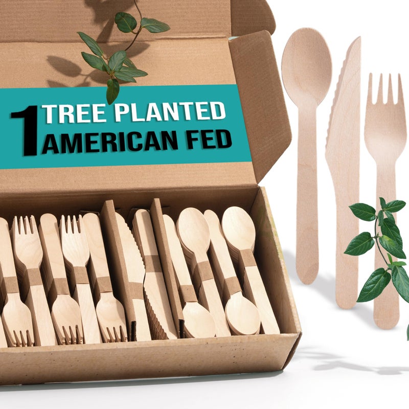 EarthClusive Disposable Wooden Cutlery Set - 300 pcs (150 Forks 100 Spoons 50 Knives) Compostable Utensils Set with Plastic-Free Packaging. Splinter-Free Compostable Cutlery Set for Parties & More - Image 1