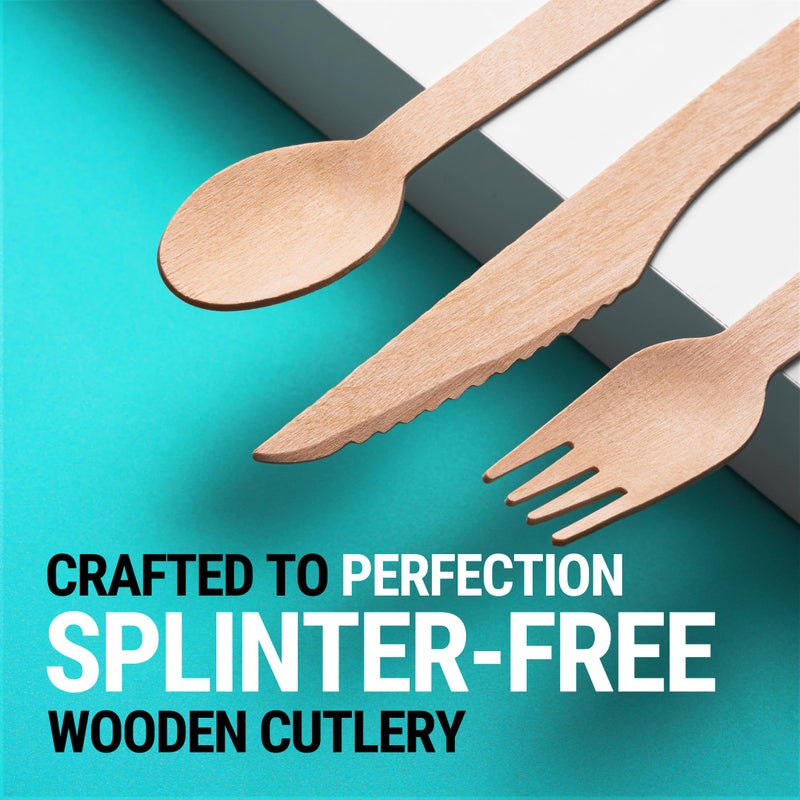 EarthClusive Disposable Wooden Cutlery Set - 300 pcs (150 Forks 100 Spoons 50 Knives) Compostable Utensils Set with Plastic-Free Packaging. Splinter-Free Compostable Cutlery Set for Parties & More - Image 4