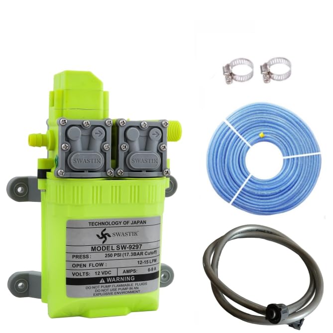 SWASTIK High Pressure Diaphragm Pump Double Motor 12V Dc Motor Kit 250 Psi Agriculture Farm Fogger Misting Spray Motor Pump with 10 Feet Outlet Pipe, 4 Feet Inlet Pipe & 2 Clamp - Image 1