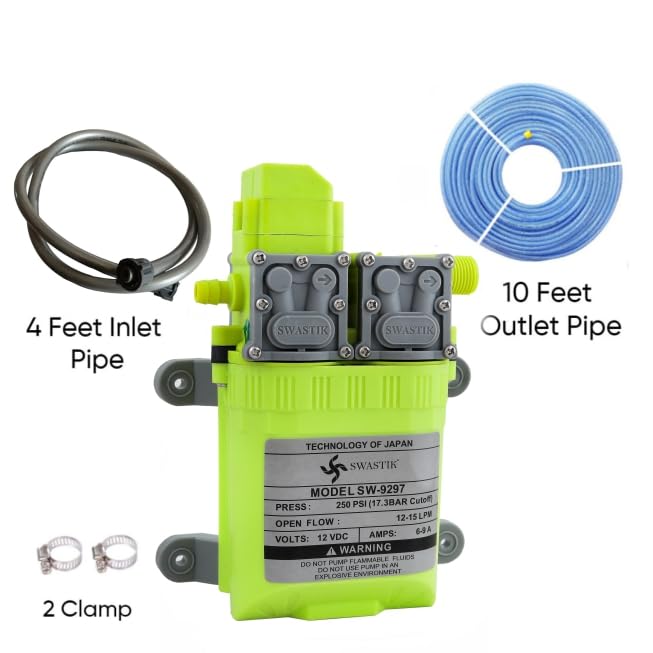 SWASTIK High Pressure Diaphragm Pump Double Motor 12V Dc Motor Kit 250 Psi Agriculture Farm Fogger Misting Spray Motor Pump with 10 Feet Outlet Pipe, 4 Feet Inlet Pipe & 2 Clamp - Image 4