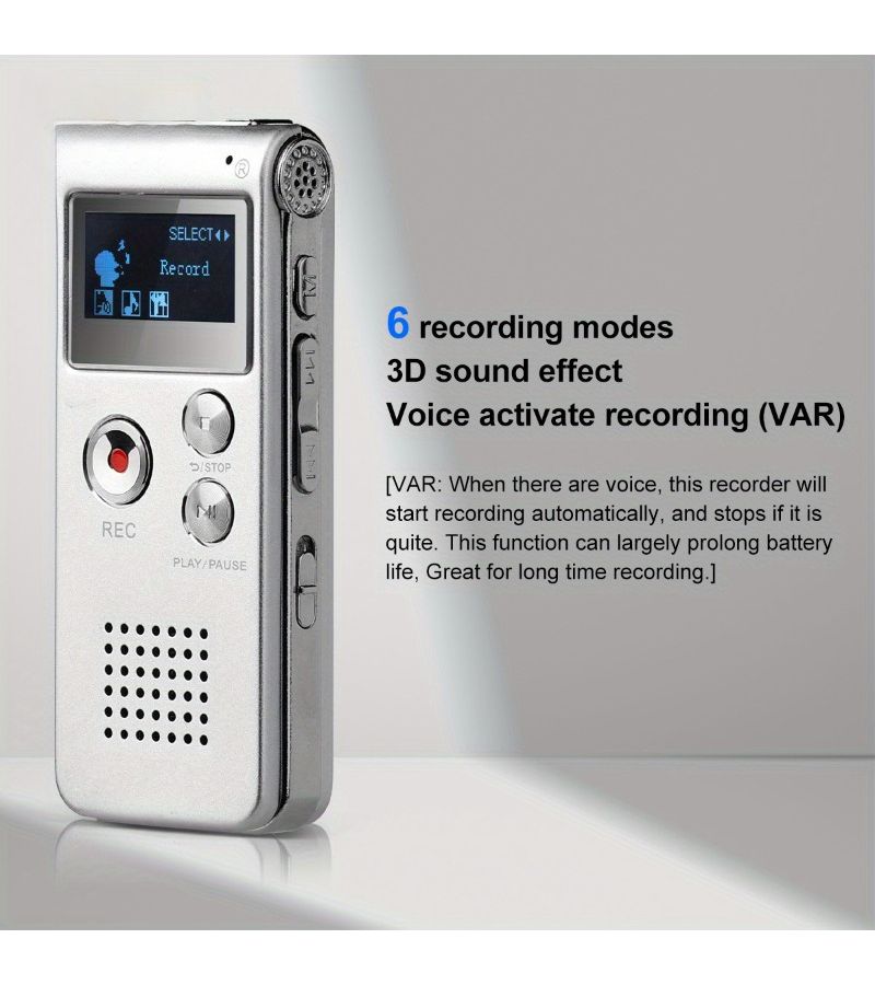 مسجل صوت رقمي 8 جيجابايت فضي مع مشغل MP3 و6 أوضاع، تسجيل صوتي يصل إلى 650 ساعة. - Image 3