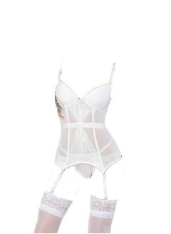 Women White Lace Jumpsuit With Suspender And Silky Stockings Lingerie Set