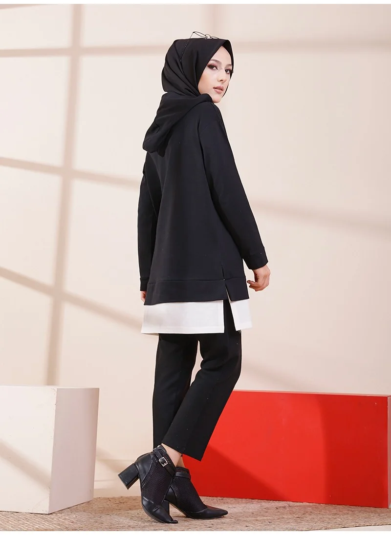 Tofisa Hooded Garnished Sweatshirt - Black -