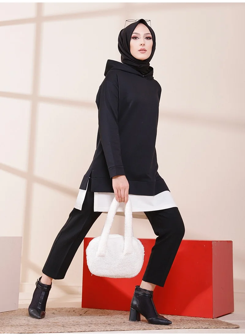 Tofisa Hooded Garnished Sweatshirt - Black -