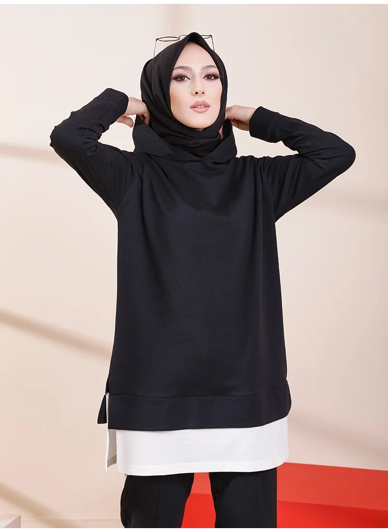 Tofisa Hooded Garnished Sweatshirt - Black -