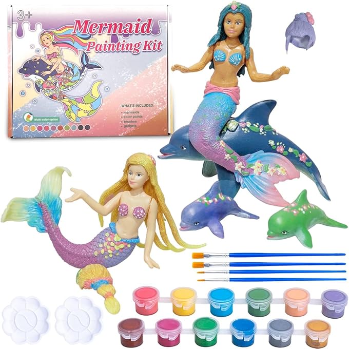 Mermaid Painting Kit for Kids, Mermaid Toys Paint Your Own Mermaid Arts and Crafts Kits DIY Mermaid Statue Kit for Girls Ages 4 5 6 7 8 9 10 Years Old Mermaid Birthday Gift Party Favors