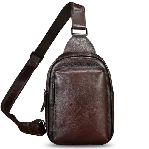 LRTO Genuine Leather Small Sling Bag Fanny Pack Multifunction Travel Pouch Hiking Crossbody Bag Multiple Pockets Purse for Running and Cycling Coffee - Image 3