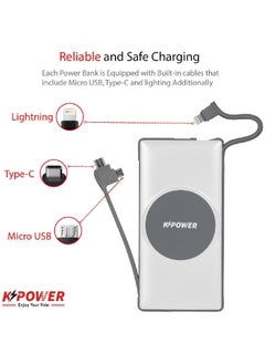 KPOWER 8 in 1 Wireless Power Bank Station 10000mAh with Built-in Cable, Power Delivery 20W QC Wireless and 1 Rapid Re-Charging Station with 4 USB Output Color: White  - Image 5