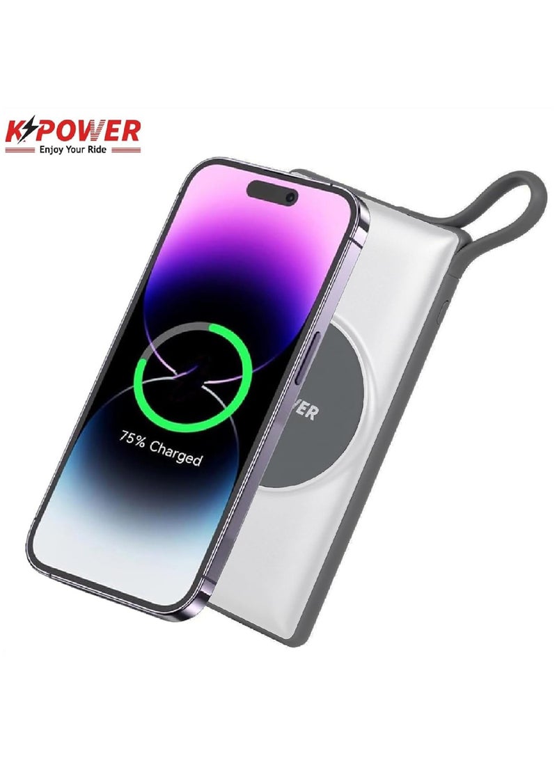KPOWER - 8 in 1 Wireless Power Bank Station 10000mAh with Built-in Cable, Power Delivery 20W QC Wireless and 1 Rapid Re-Charging Station with 4 USB Output Color: White - Image 1