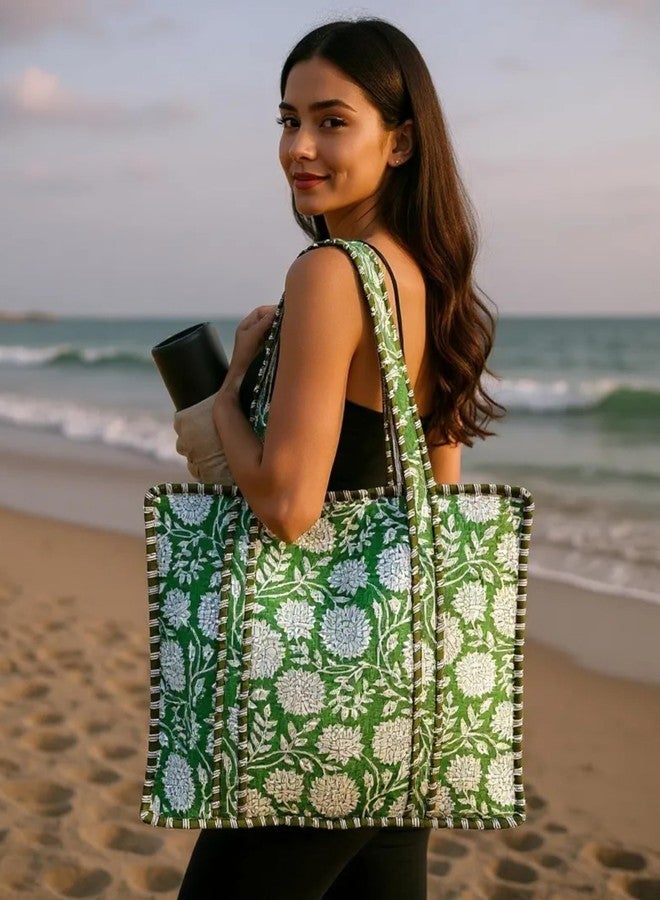 Third Eye Export 100% Cotton Quilted Tote Bag 18x16- Large Zipper Beach Bag & Travel Bag Green Purse Reusable Grocery Bags, Ball Blue Purple Thorn Floral Print, 18X16 Inches - Image 2