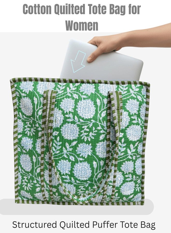Third Eye Export 100% Cotton Quilted Tote Bag 18x16- Large Zipper Beach Bag & Travel Bag Green Purse Reusable Grocery Bags, Ball Blue Purple Thorn Floral Print, 18X16 Inches - Image 5