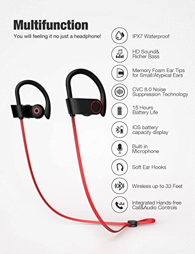 Otium Bluetooth Headphones,Wireless Earbuds IPX7 Waterproof Sports Earphones with Mic HD Stereo Sweatproof in-Ear Earbuds Gym Running Workout 15 Hour Battery Sound Isolation Headsets - Image 2