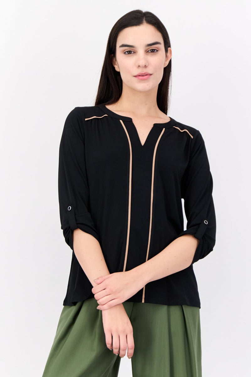 Cable & Gauge Women V Neck 3/4 Sleeves Stripe Blouse, Black  - Image 1