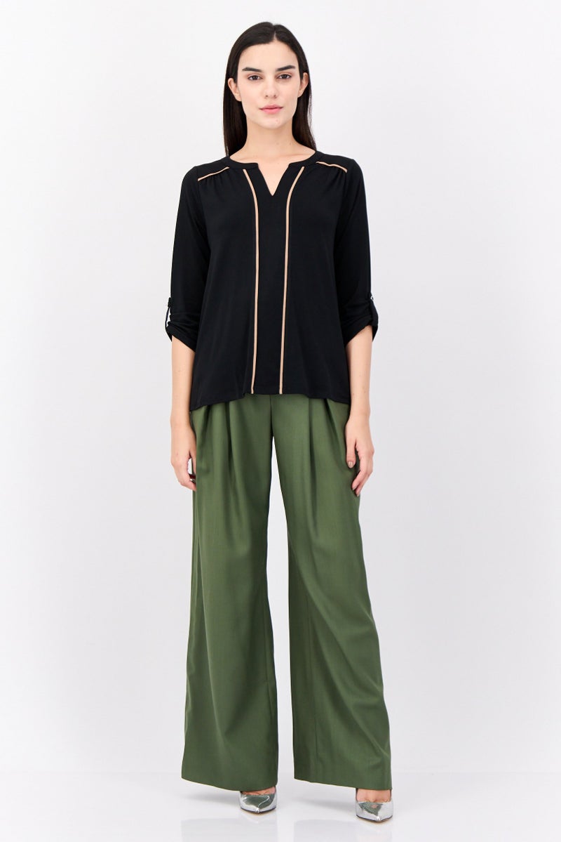 Cable & Gauge Women V Neck 3/4 Sleeves Stripe Blouse, Black  - Image 4